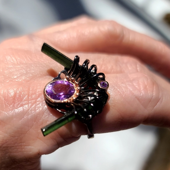 UNIQUE Green Rutilated Tourmaline & Amethyst cocktail 🍸 ring sz 8.5 - Picture 7 of 9